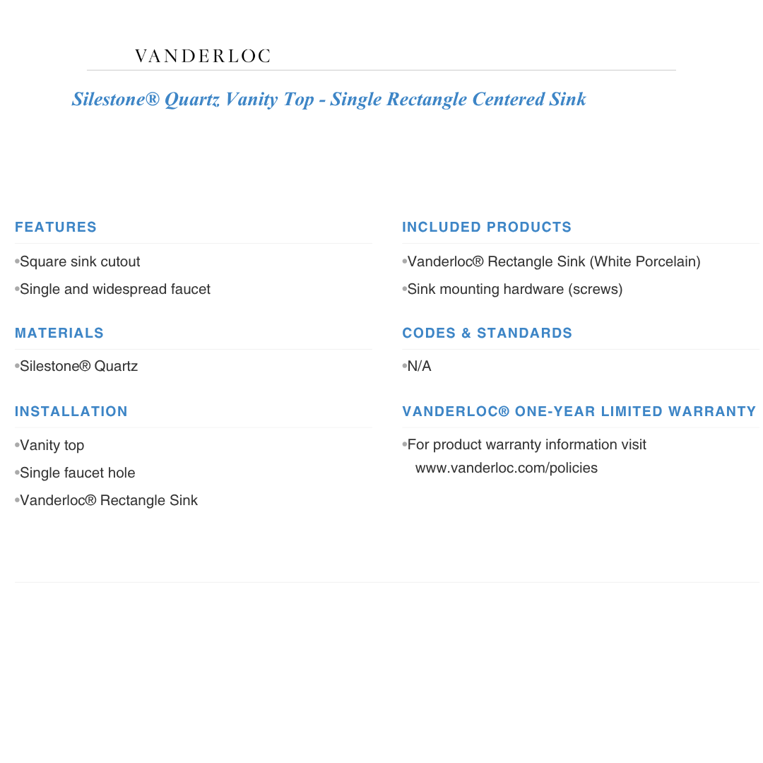 Vanderloc 37" Silestone® Quartz Vanity Top Single Rectangle Centered Sink