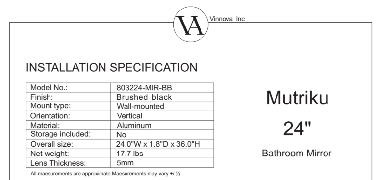 Vinnova, Mutriku 24 in. W x 36 in. H Rectangle Metal Wall Mirror in Brushed Black