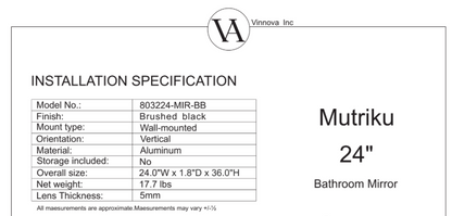 Vinnova, Mutriku 24 in. W x 36 in. H Rectangle Metal Wall Mirror in Brushed Black