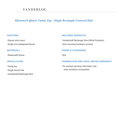 Vanderloc 43" Silestone® Quartz Vanity Top Single Rectangle Centered Sink