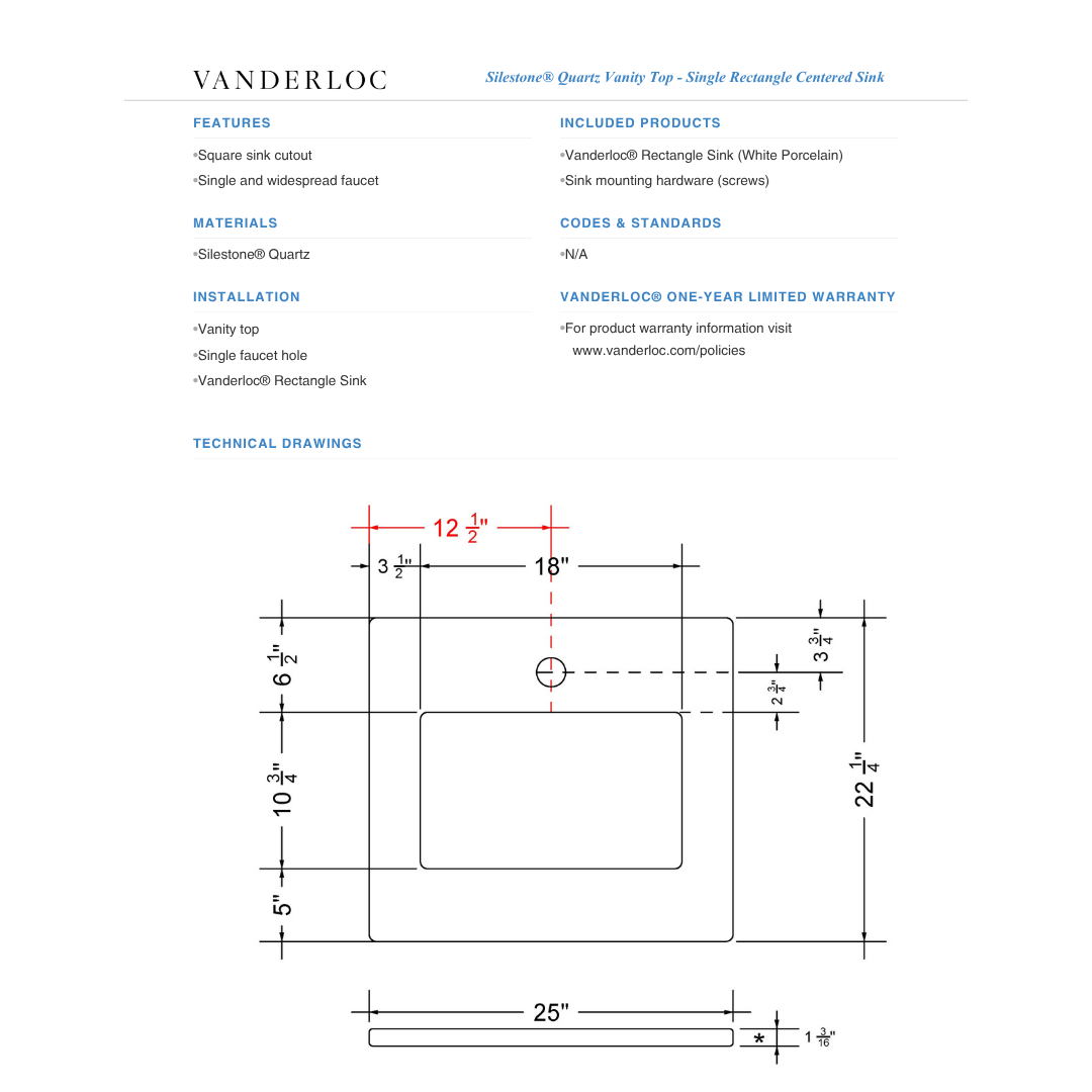 Vanderloc 25" Silestone quartz vanity top with single centered rectangle sink - Product Spec