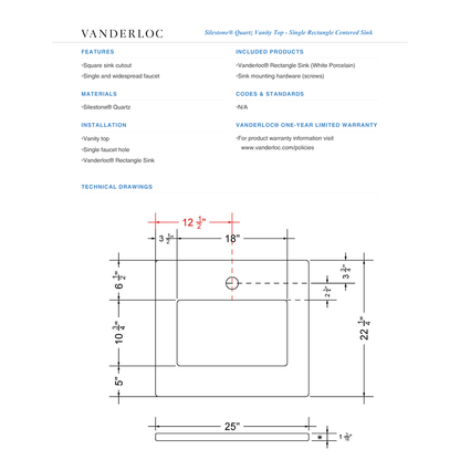 Vanderloc 25" Silestone quartz vanity top with single centered rectangle sink - Product Spec