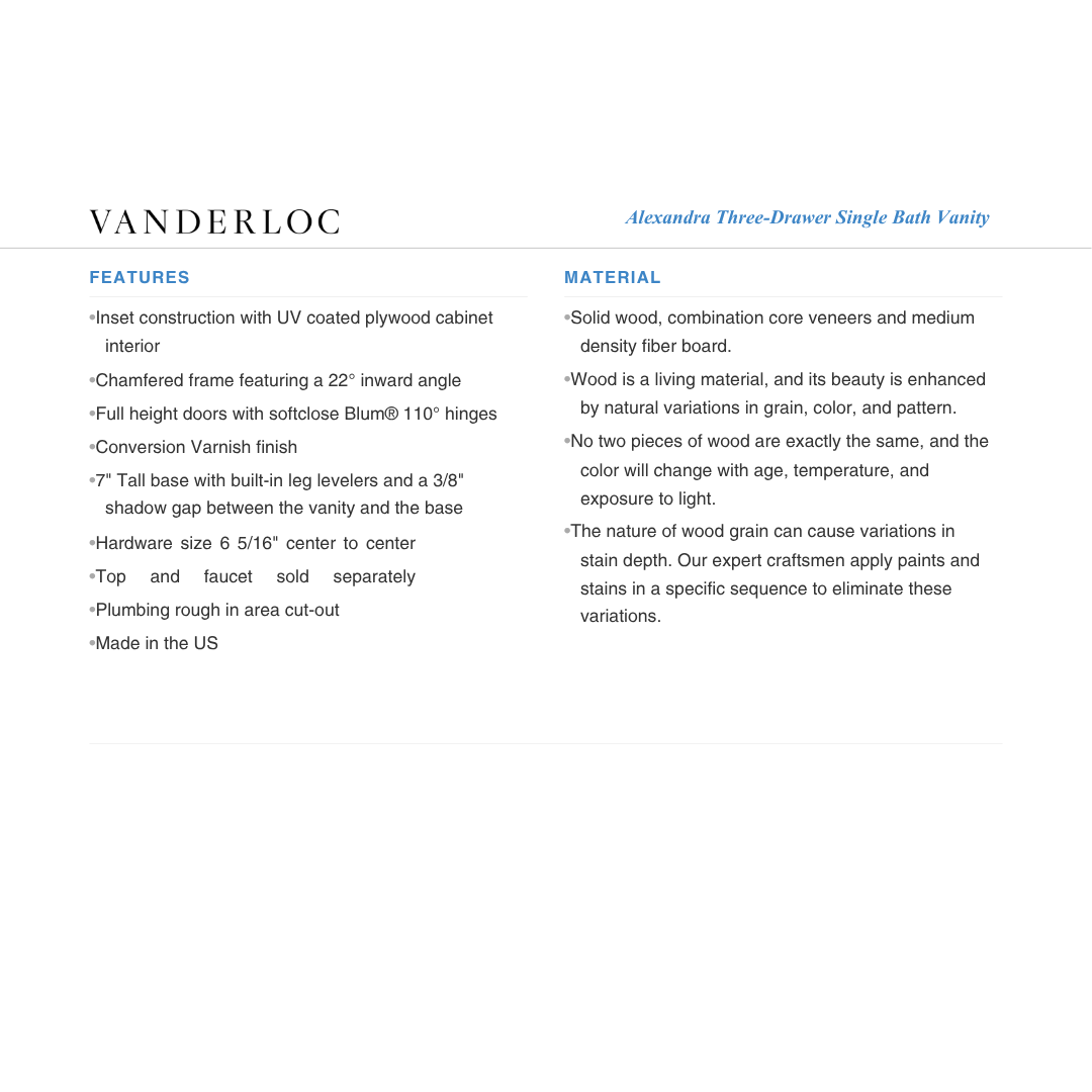 Vanderloc Alexandra Three-Drawer Single Bath Vanity - Vanderloc bathroom vanity product specification
