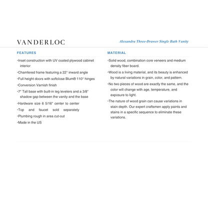 Vanderloc Alexandra Three-Drawer Single Bath Vanity - Vanderloc bathroom vanity product specification