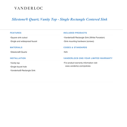 Vanderloc 61" Silestone® Quartz Vanity Top Single Rectangle Centered Sink