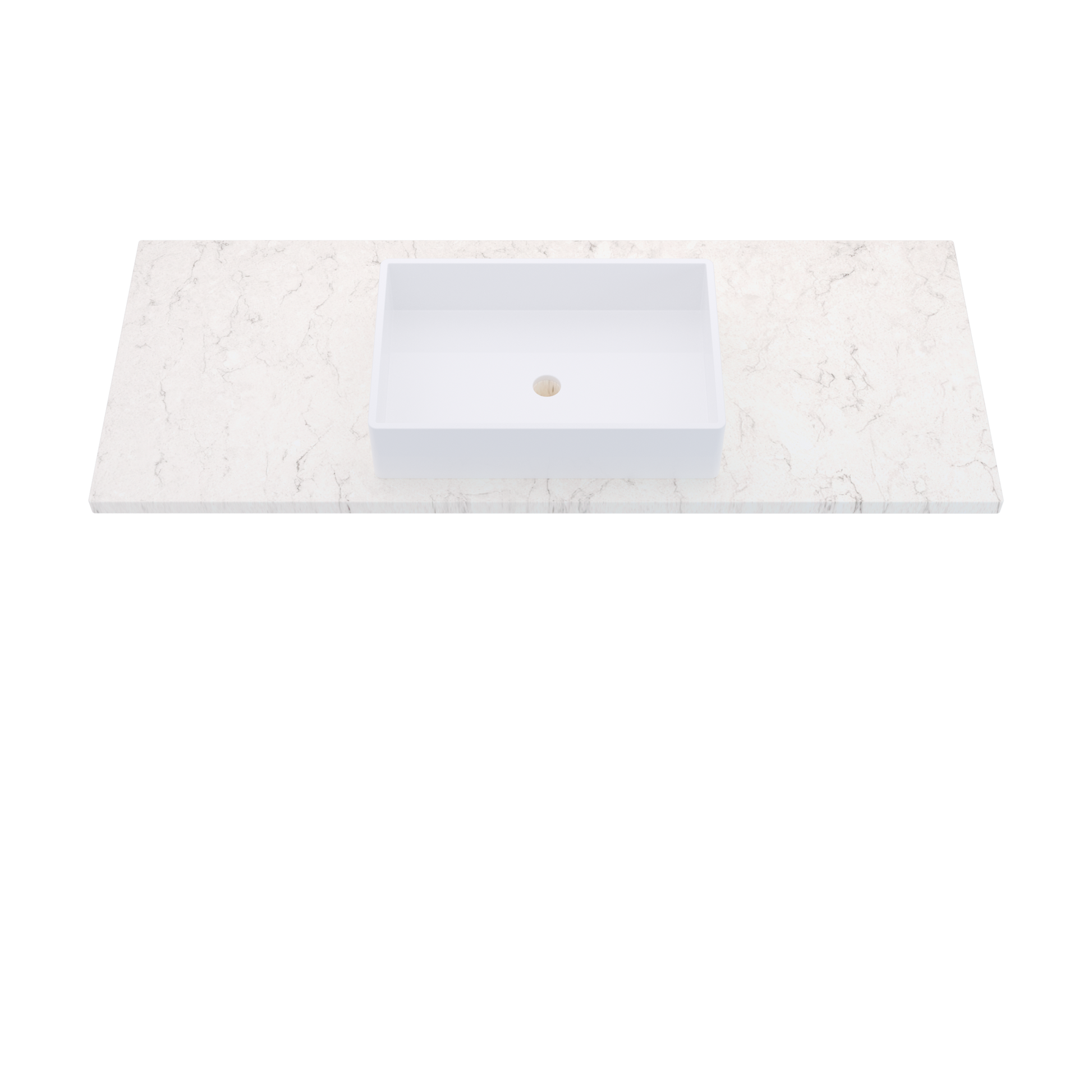 55" Vanderloc Silestone® Quartz Bathroom Vanity Top | Single Vigo Sink | Centered in Snowy Ibiza