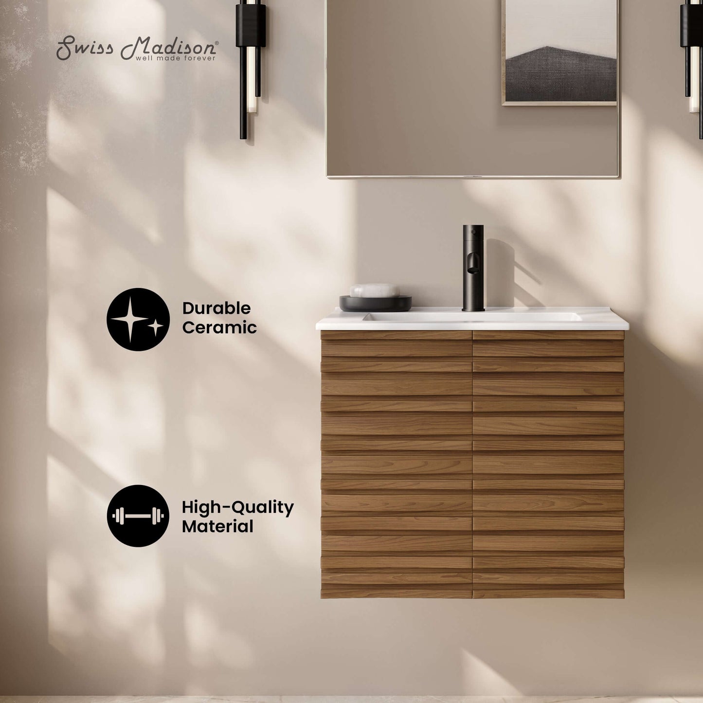Swiss Madison, Cascade 24" Wall-Mounted Bathroom Vanity in Brown Oak with Sink Top