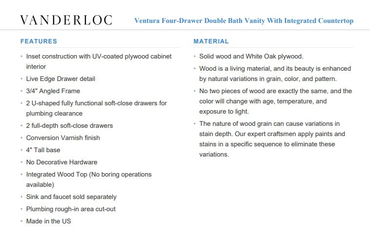 Vanderloc Ventura Four-Drawer Double Bath Vanity With Integrated Countertop