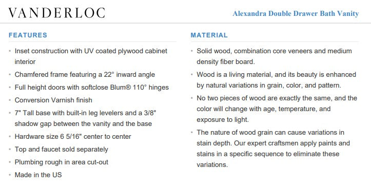 Vanderloc Alexandra Double Drawer Bath Vanity