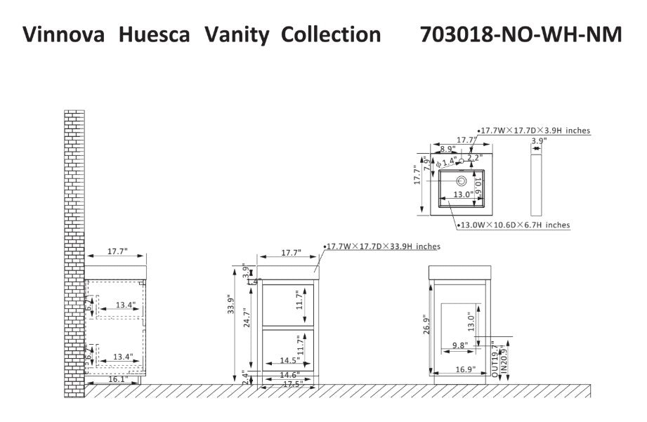 Vinnova, Huesca 18" Single Sink Bath Vanity in North American Oak with White Composite Integral Square Sink Top