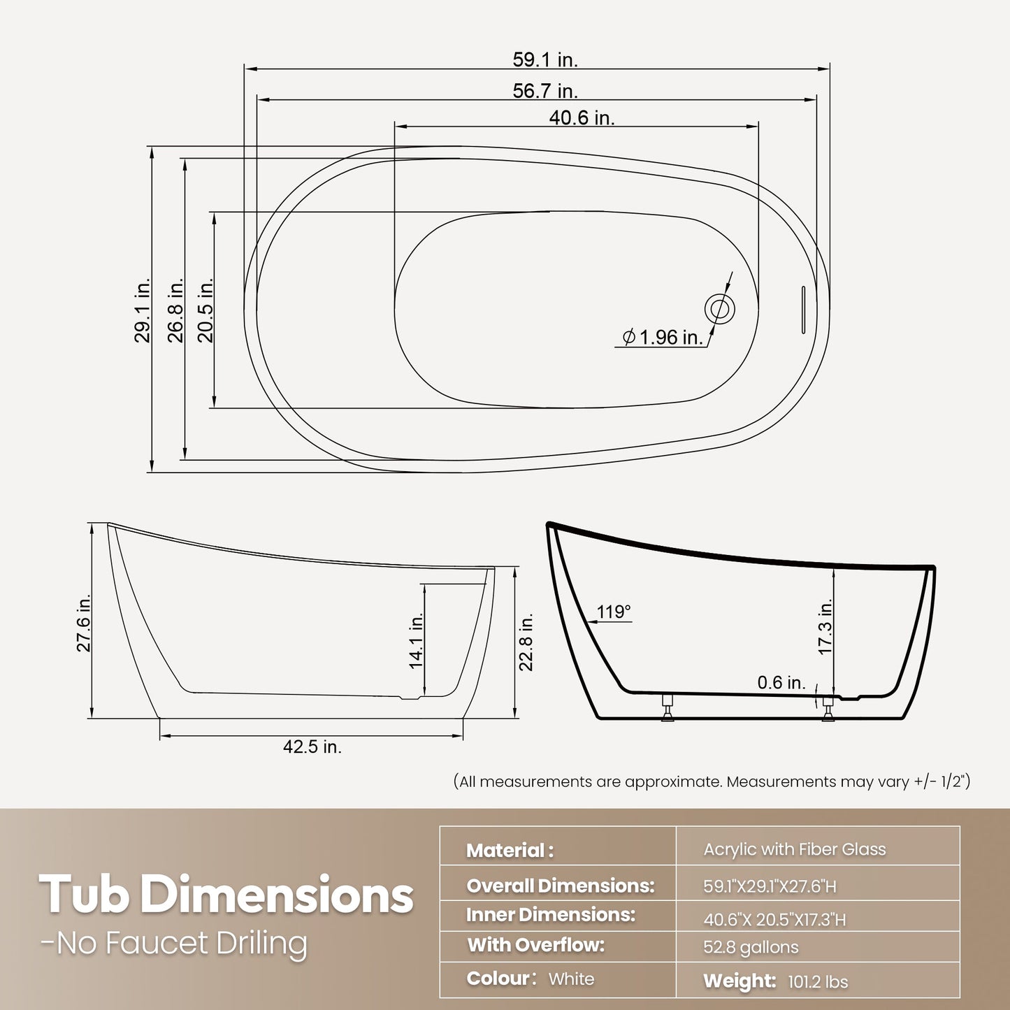 Vinnova, Lahore 59.1" x 29.1" Soaking Bathtub