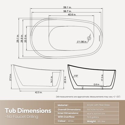 Vinnova, Lahore 59.1" x 29.1" Soaking Bathtub