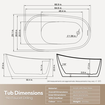 Vinnova, Lahore 66.9" x 29.1" Soaking Bathtub
