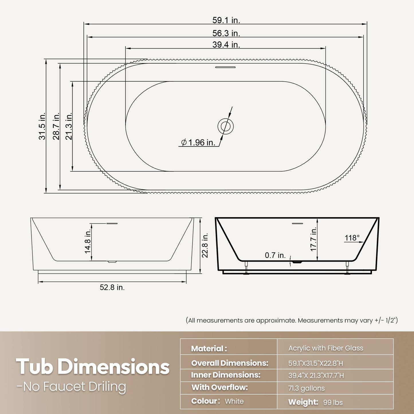 Vinnova, Linyi 59.1" x 31.5" Soaking Bathtub