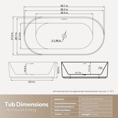 Vinnova, Linyi 59.1" x 31.5" Soaking Bathtub
