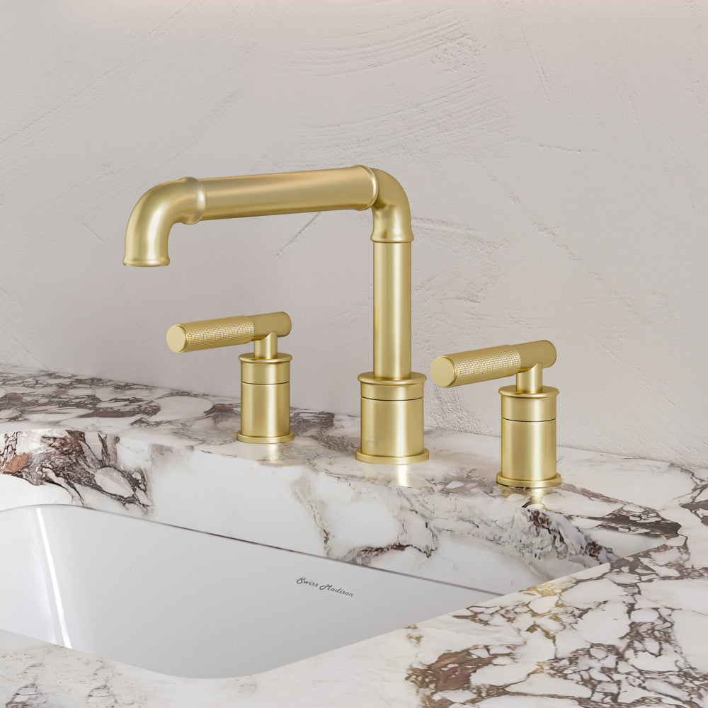 Swiss Madison Avallon widespread faucet, three-hole 8-inch deck mount layout