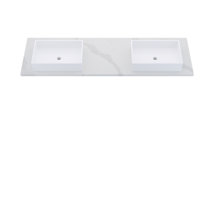 73" Vanderloc Silestone® Quartz Bathroom Vanity Top | Double Vigo Sink | Offset in Classic Calacatta