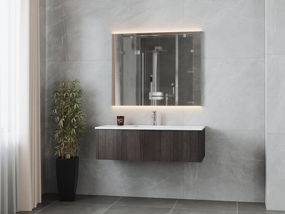 48" Laviva Legno vanity cabinet in Carbon Oak — shown with a Matte White VIVA Stone countertop, which is sold separately and not included (cabinet only).