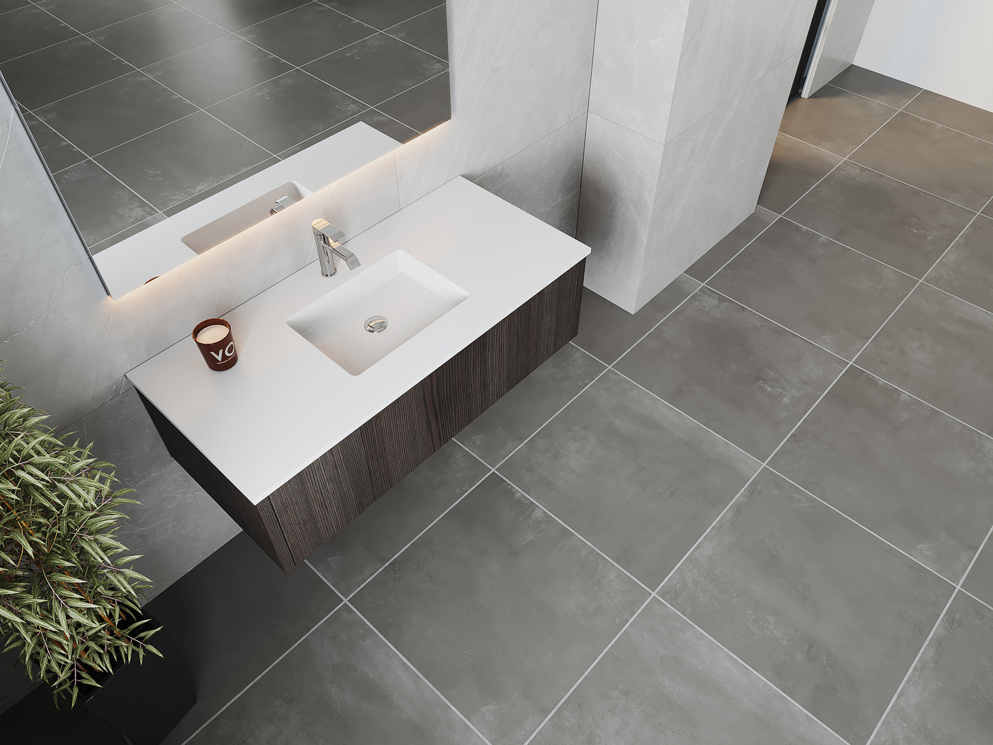 48" Laviva Legno vanity cabinet in Carbon Oak — shown with a Matte White VIVA Stone countertop, which is sold separately and not included (cabinet only).