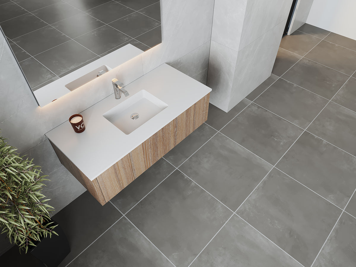 48" Laviva Legno vanity cabinet in Weathered Grey — shown with a Matte White VIVA Stone countertop, which is sold separately and not included (cabinet only).