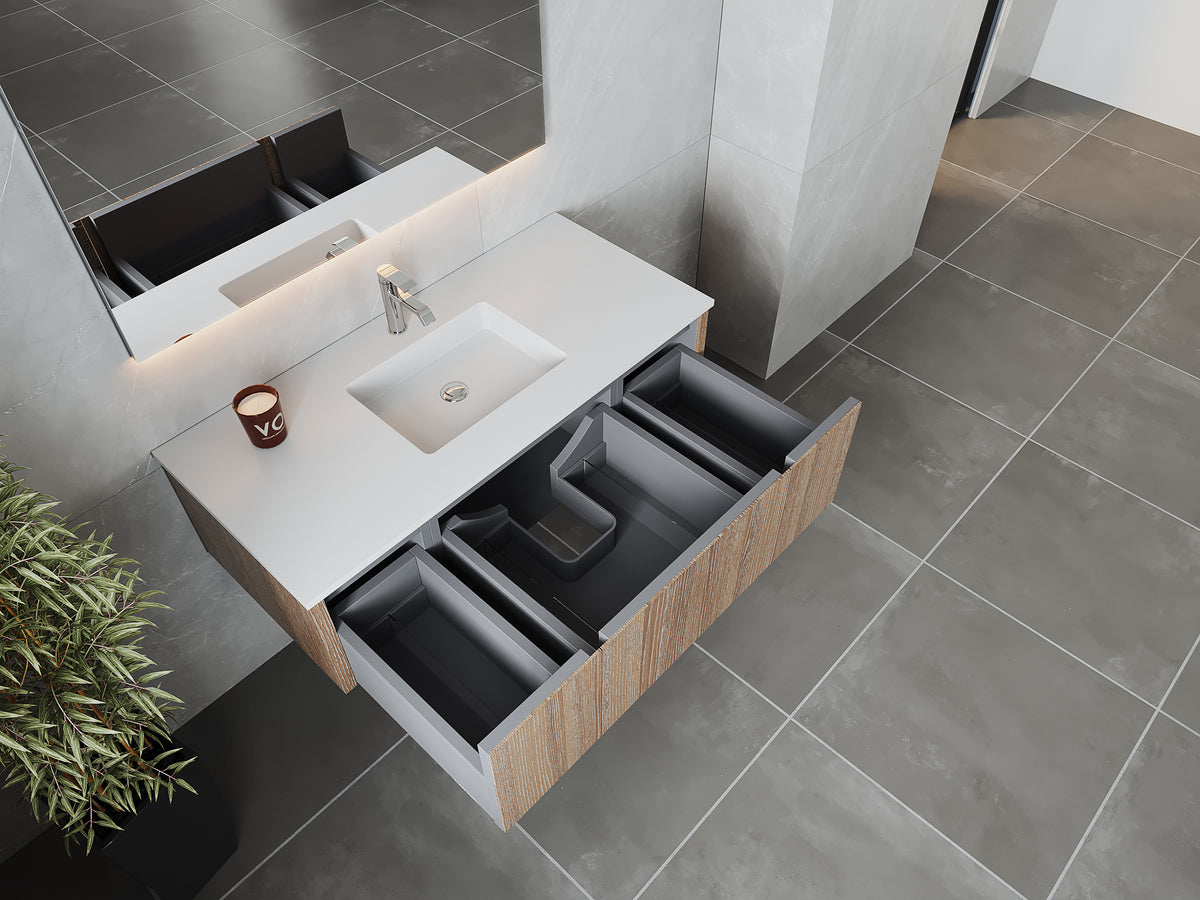 48" Laviva Legno vanity cabinet in Weathered Grey — shown with a Matte White VIVA Stone countertop, which is sold separately and not included (cabinet only).
