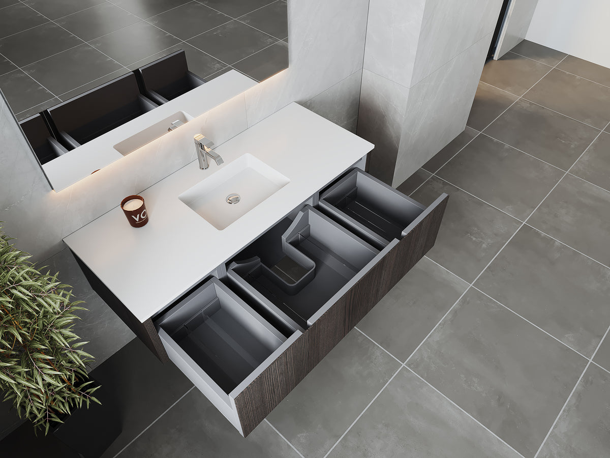 54" Laviva Legno vanity cabinet in Carbon Oak — shown with a Matte White VIVA Stone countertop, which is sold separately and not included (cabinet only).
