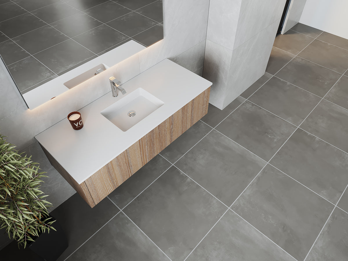 54" Laviva Legno vanity cabinet in Weathered Grey — shown with a Matte White VIVA Stone countertop, which is sold separately and not included (cabinet only).