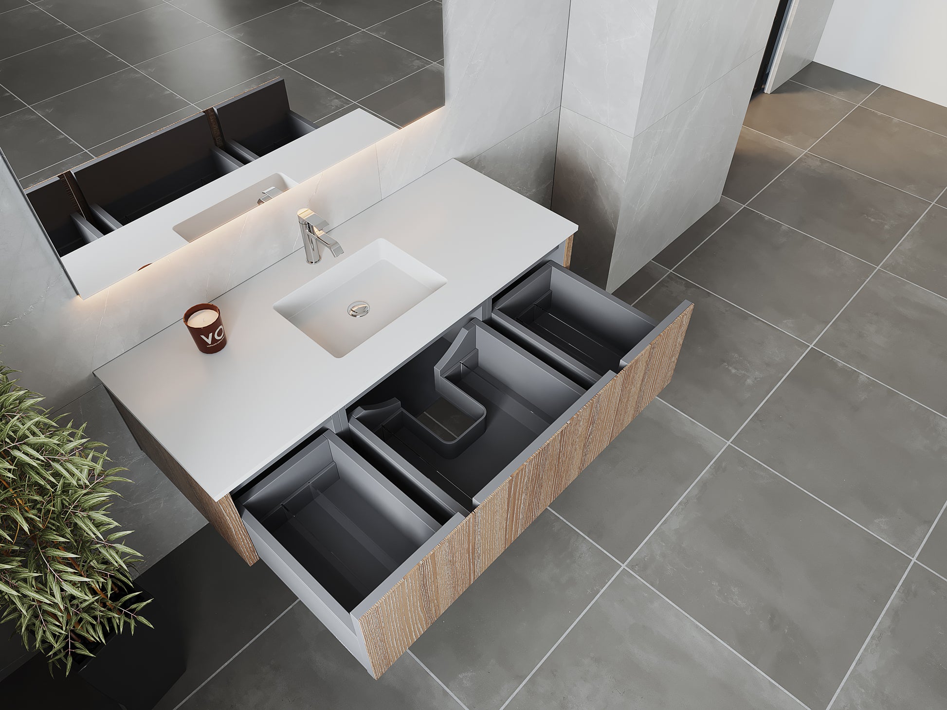54" Laviva Legno vanity cabinet in Weathered Grey — shown with a Matte White VIVA Stone countertop, which is sold separately and not included (cabinet only).