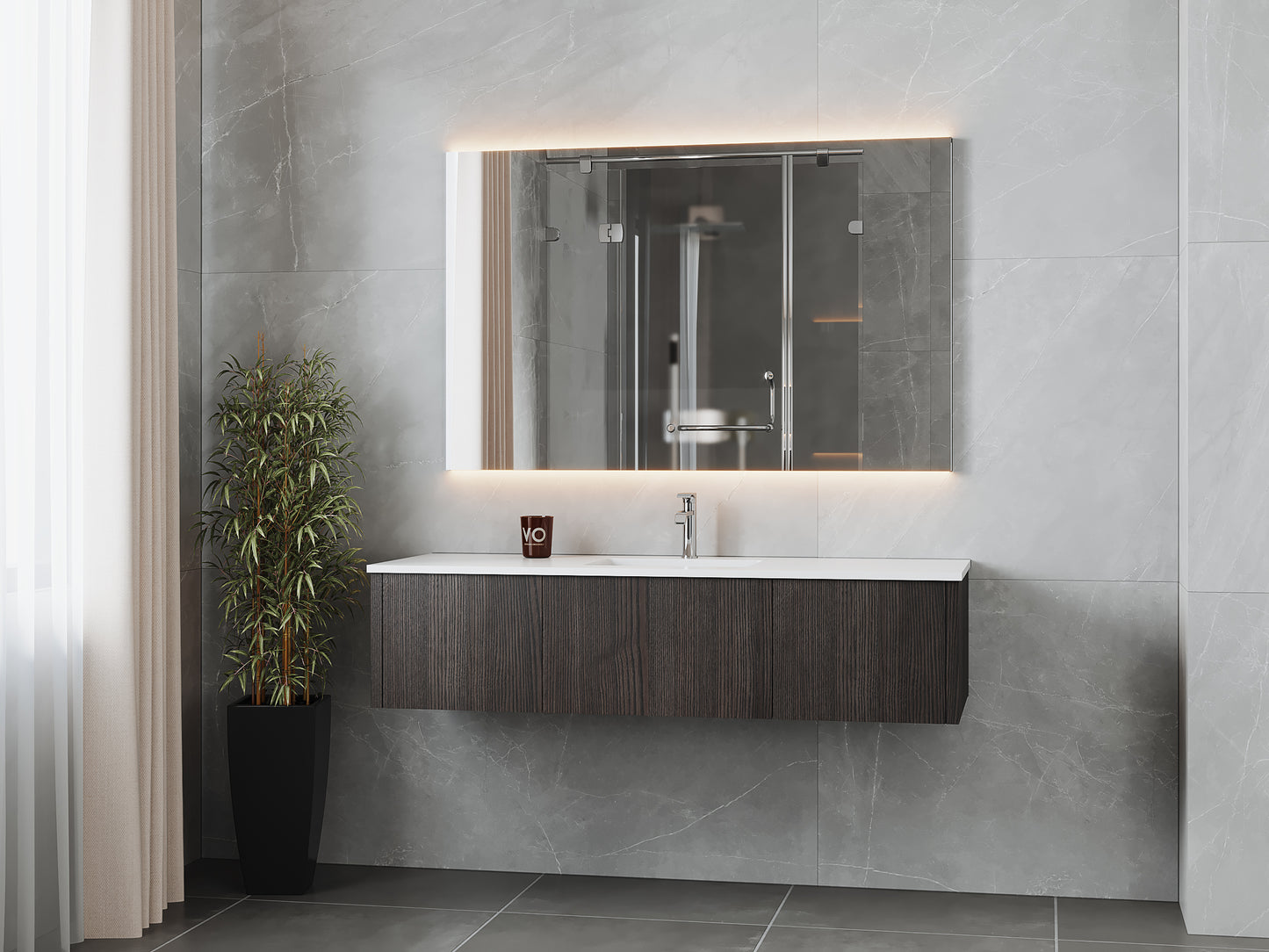60" Laviva Legno vanity cabinet in Carbon Oak Single Sink — shown with a Matte White VIVA Stone countertop, which is sold separately and not included (cabinet only).