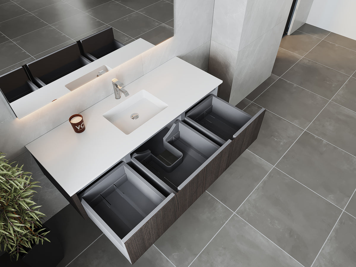 60" Laviva Legno vanity cabinet in Carbon Oak Single Sink — shown with a Matte White VIVA Stone countertop, which is sold separately and not included (cabinet only).