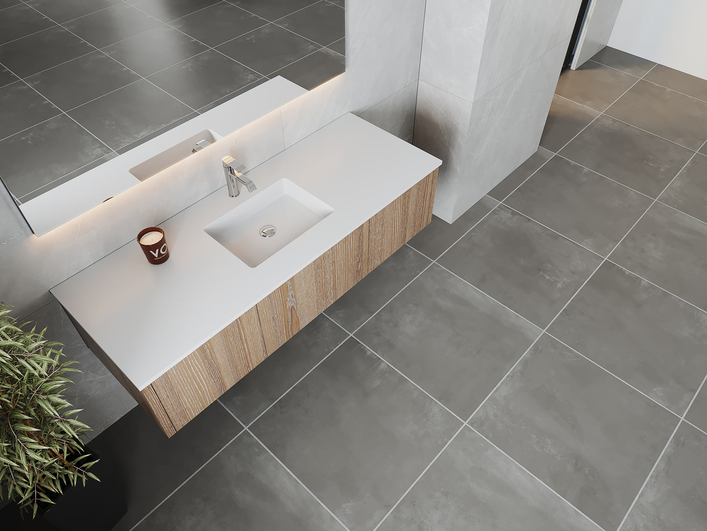 60" Laviva Legno vanity cabinet in Weathered Grey Single Sink — shown with a Matte White VIVA Stone countertop, which is sold separately and not included (cabinet only).