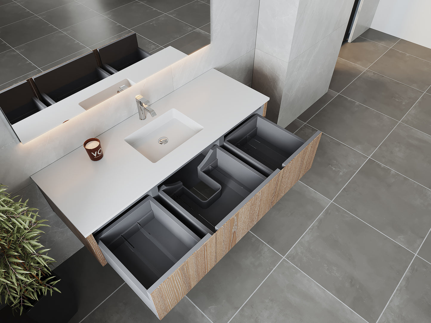 60" Laviva Legno vanity cabinet in Weathered Grey Single Sink — shown with a Matte White VIVA Stone countertop, which is sold separately and not included (cabinet only).