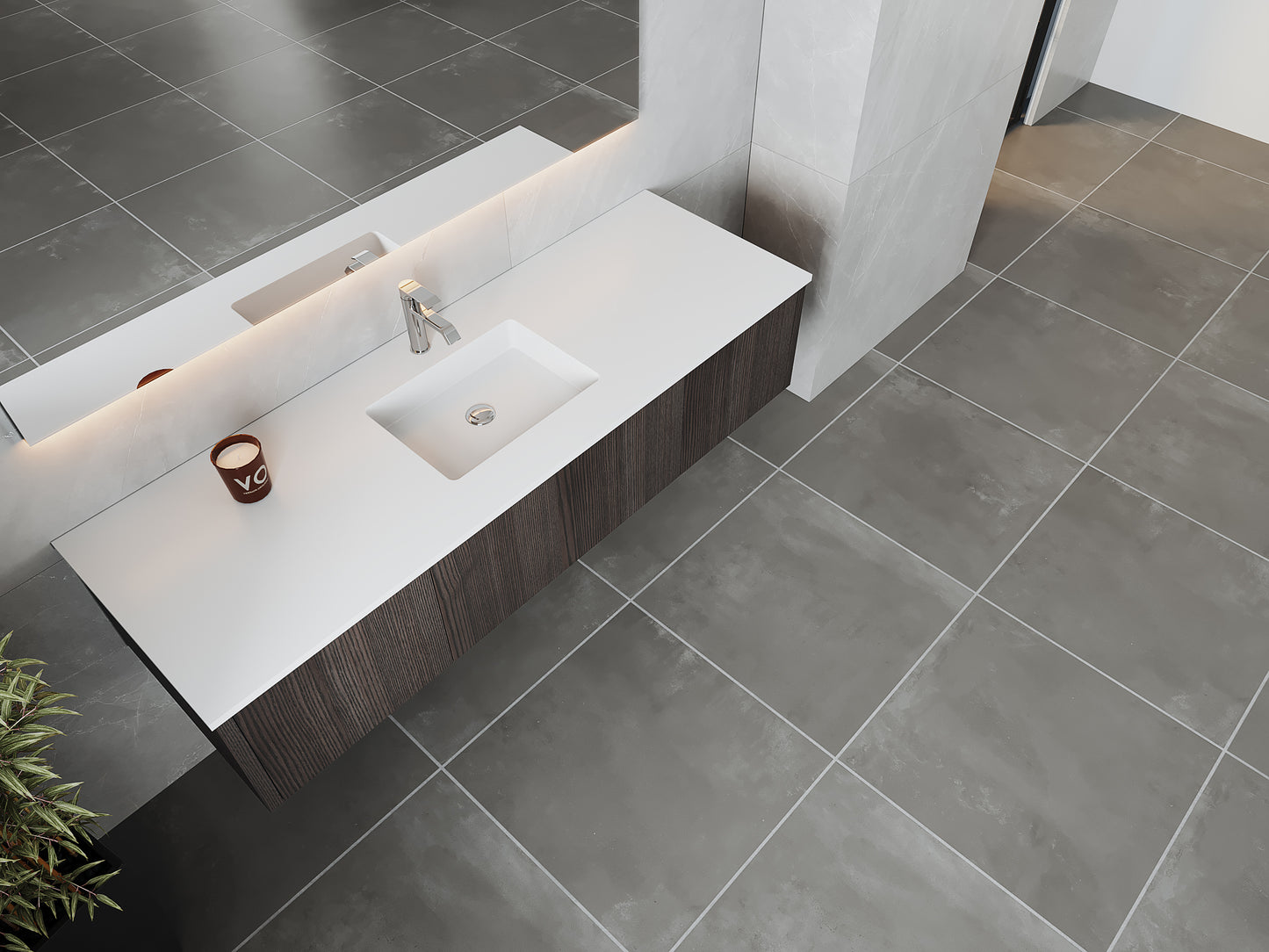 66" Laviva Legno vanity cabinet in Carbon Oak Single Sink — shown with a Matte White VIVA Stone countertop, which is sold separately and not included (cabinet only).