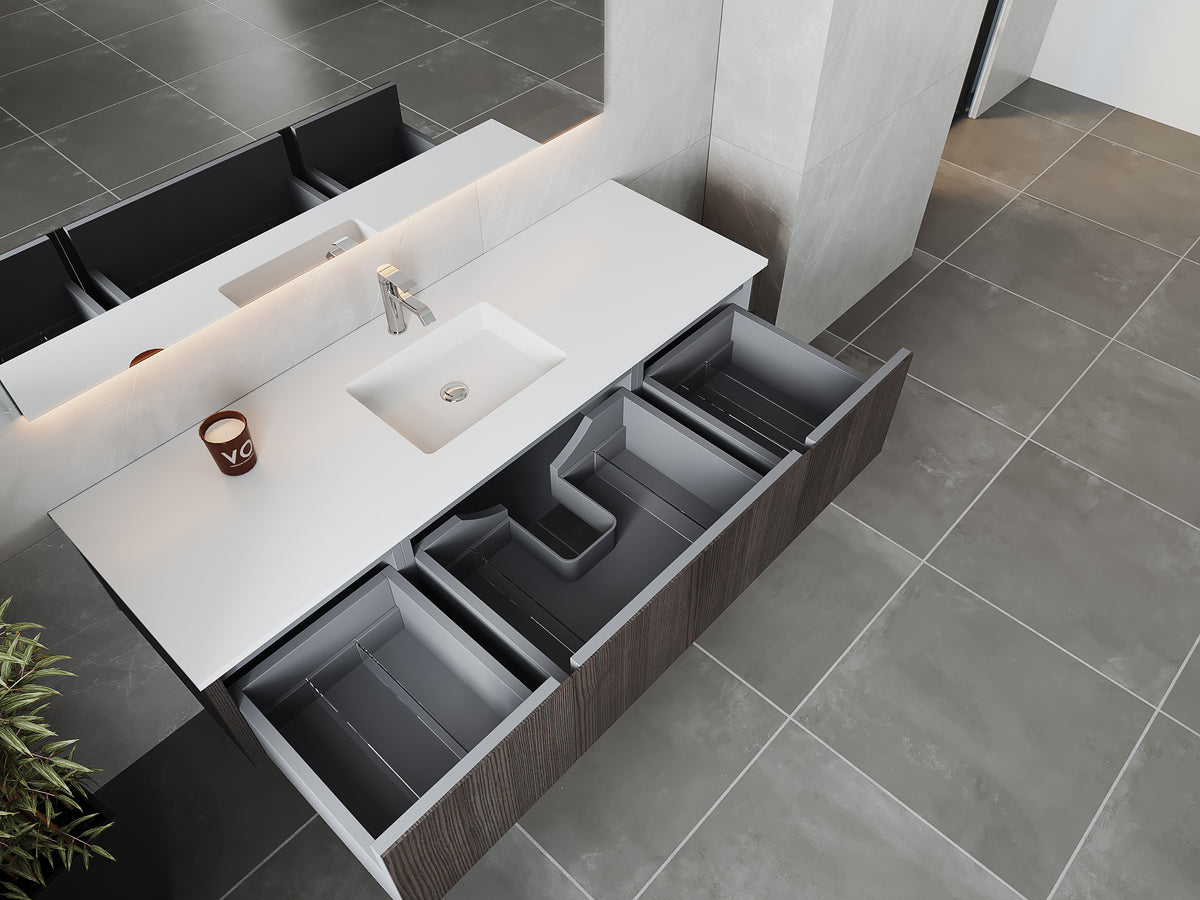 66" Laviva Legno vanity cabinet in Carbon Oak Single Sink — shown with a Matte White VIVA Stone countertop, which is sold separately and not included (cabinet only).