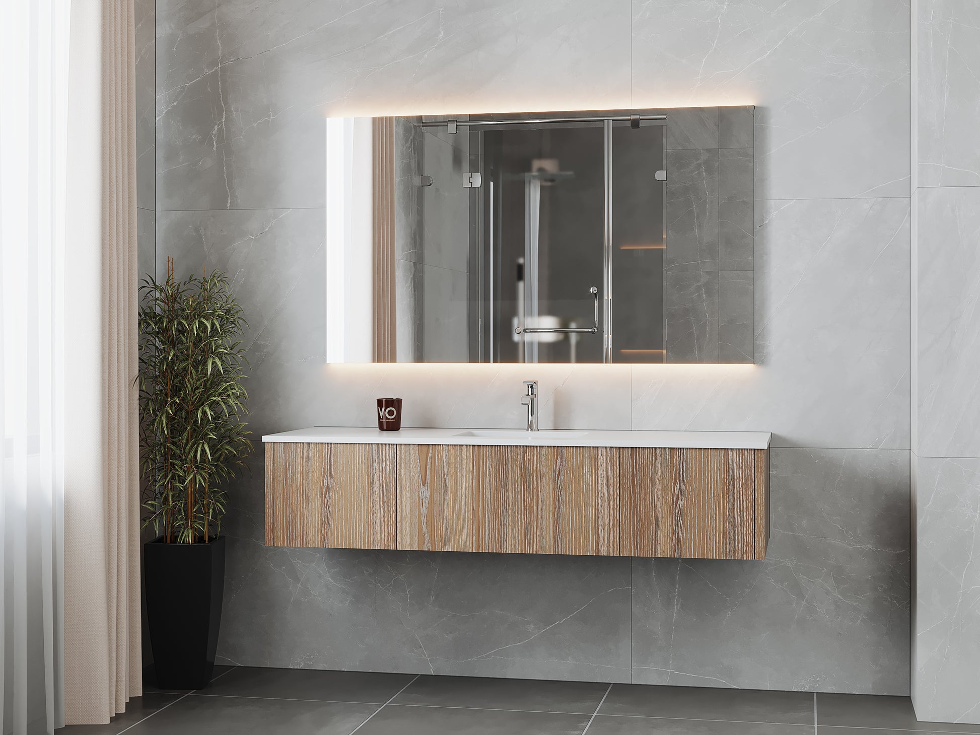 66" Laviva Legno vanity cabinet in Weathered Grey Single Sink — shown with a Matte White VIVA Stone countertop, which is sold separately and not included (cabinet only).