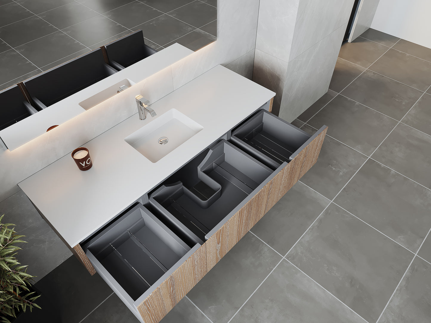 66" Laviva Legno vanity cabinet in Weathered Grey Single Sink — shown with a Matte White VIVA Stone countertop, which is sold separately and not included (cabinet only).