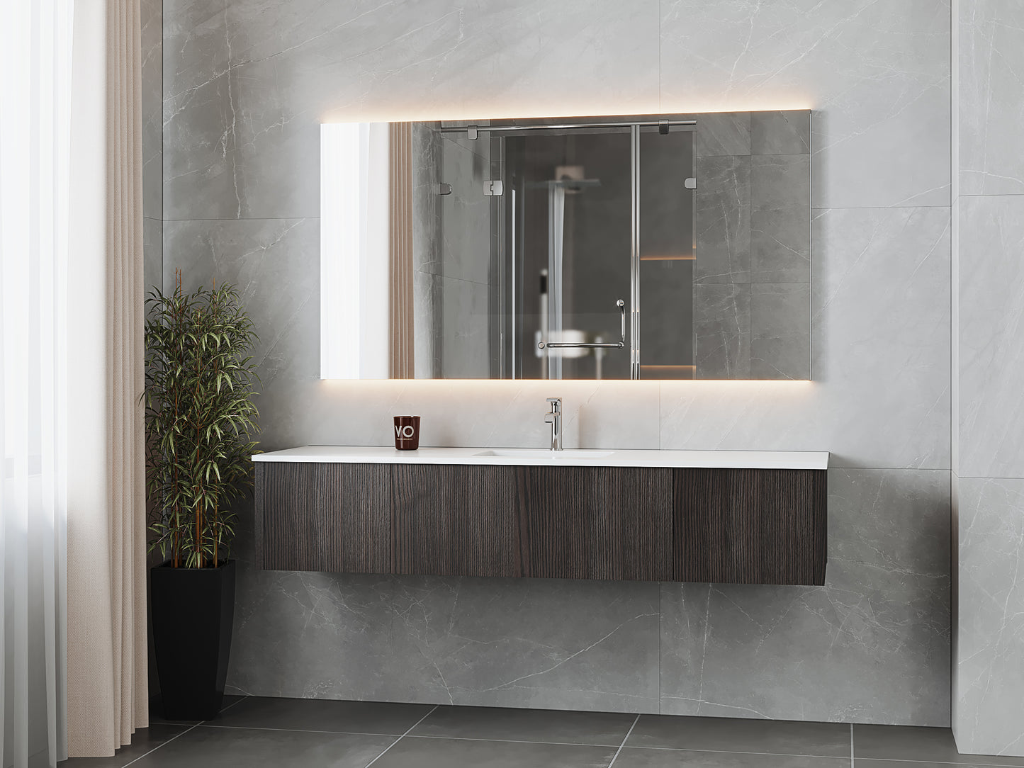 72" Laviva Legno vanity cabinet in Carbon Oak Single Sink — shown with a Matte White VIVA Stone countertop, which is sold separately and not included (cabinet only).