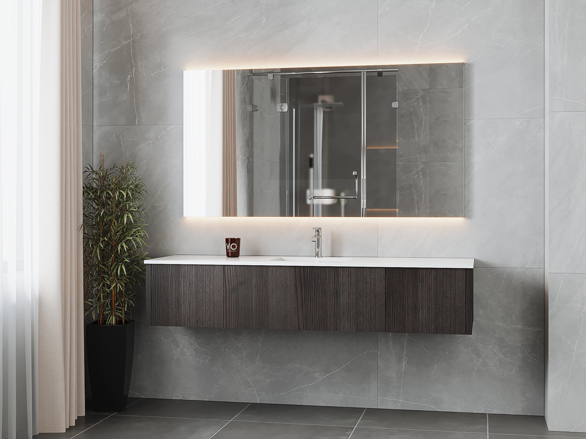 72" Laviva Legno vanity cabinet in Carbon Oak Single Sink — shown with a Matte White VIVA Stone countertop, which is sold separately and not included (cabinet only).