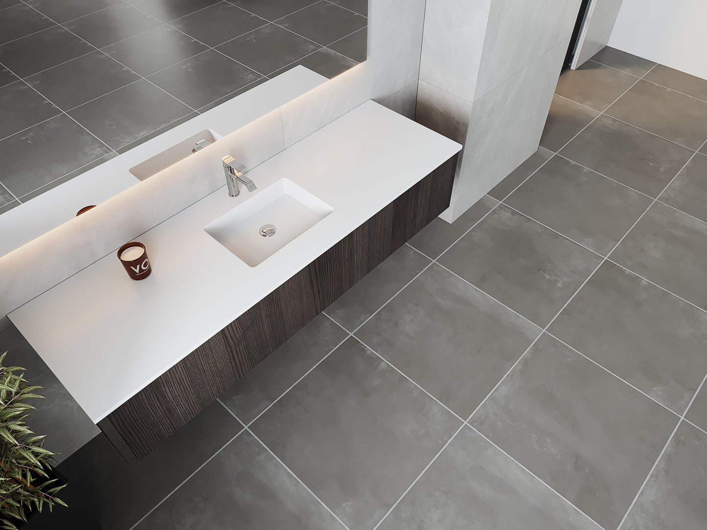 72" Laviva Legno vanity cabinet in Carbon Oak Single Sink — shown with a Matte White VIVA Stone countertop, which is sold separately and not included (cabinet only).