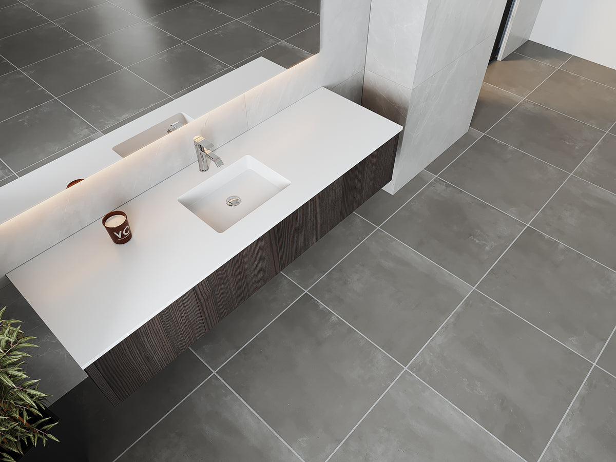 72" Laviva Legno vanity cabinet in Carbon Oak Single Sink — shown with a Matte White VIVA Stone countertop, which is sold separately and not included (cabinet only).