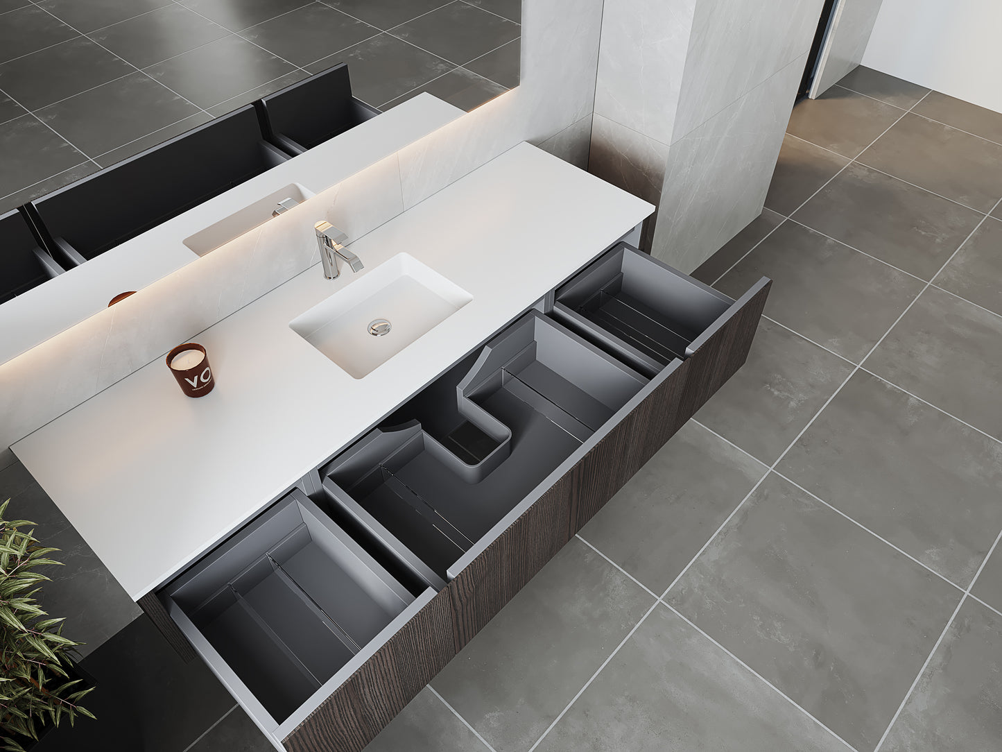 72" Laviva Legno vanity cabinet in Carbon Oak Single Sink — shown with a Matte White VIVA Stone countertop, which is sold separately and not included (cabinet only).