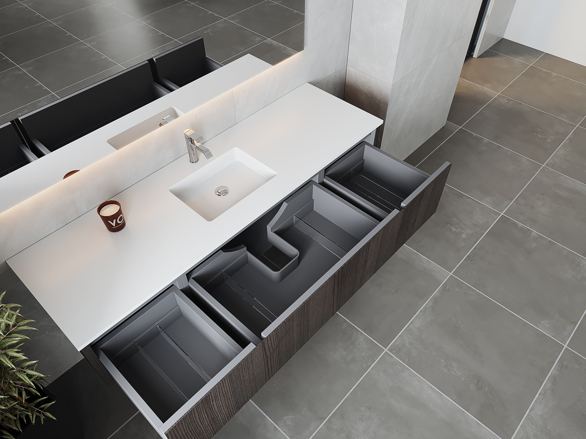 72" Laviva Legno vanity cabinet in Carbon Oak Single Sink — shown with a Matte White VIVA Stone countertop, which is sold separately and not included (cabinet only).
