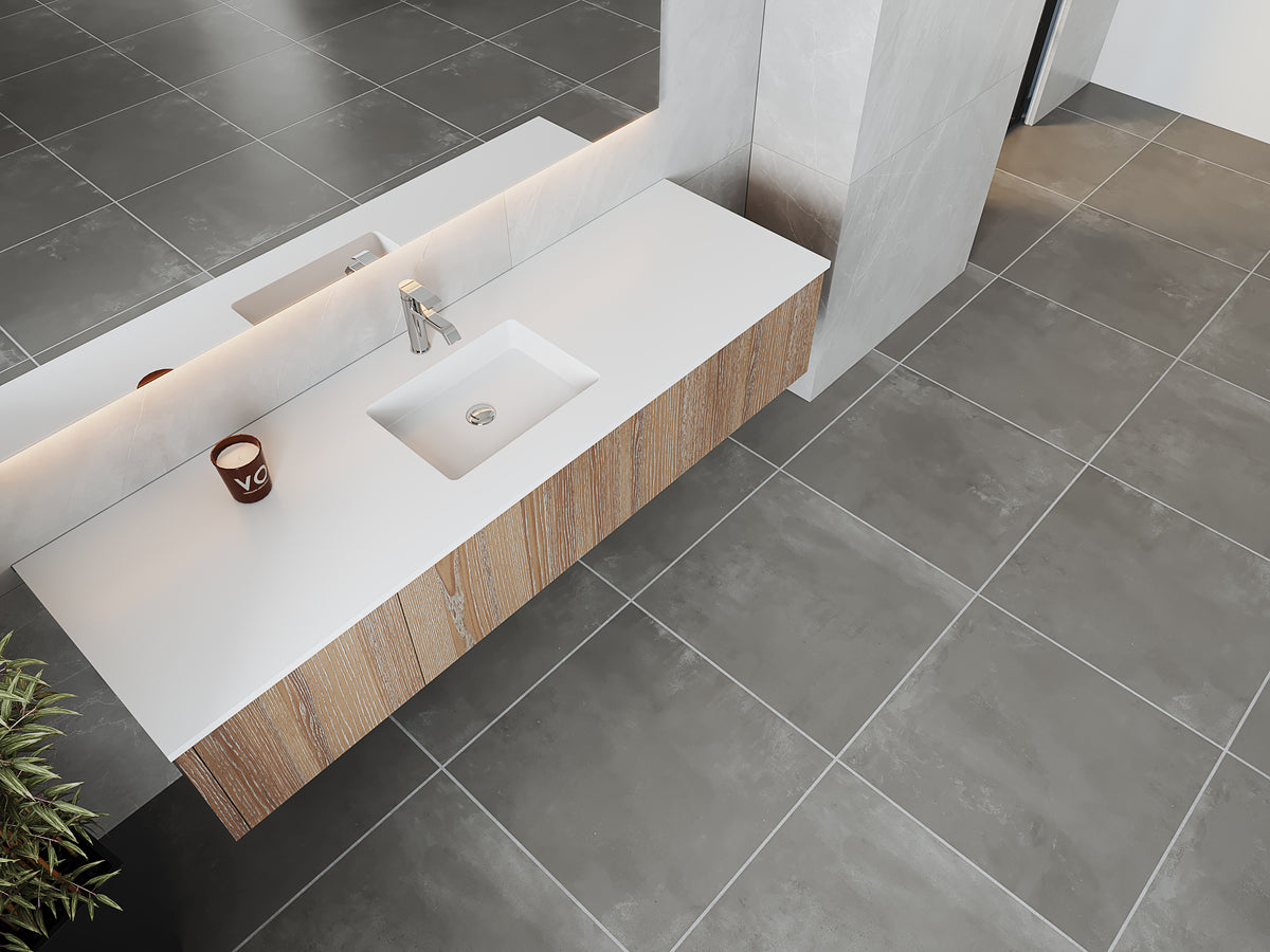72" Laviva Legno vanity cabinet in Weathered Grey Single Sink — shown with a Matte White VIVA Stone countertop, which is sold separately and not included (cabinet only).