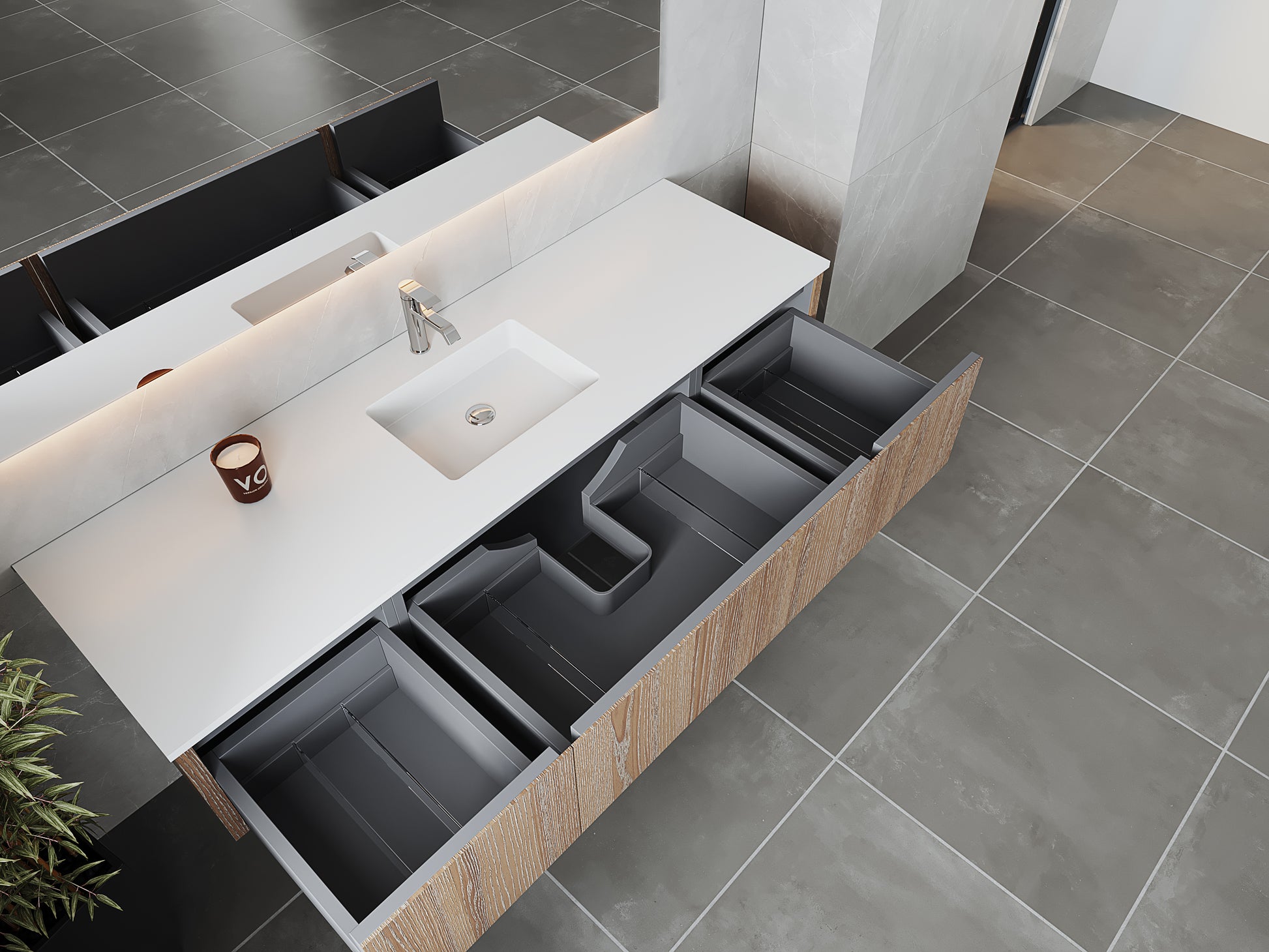 72" Laviva Legno vanity cabinet in Weathered Grey Single Sink — shown with a Matte White VIVA Stone countertop, which is sold separately and not included (cabinet only).