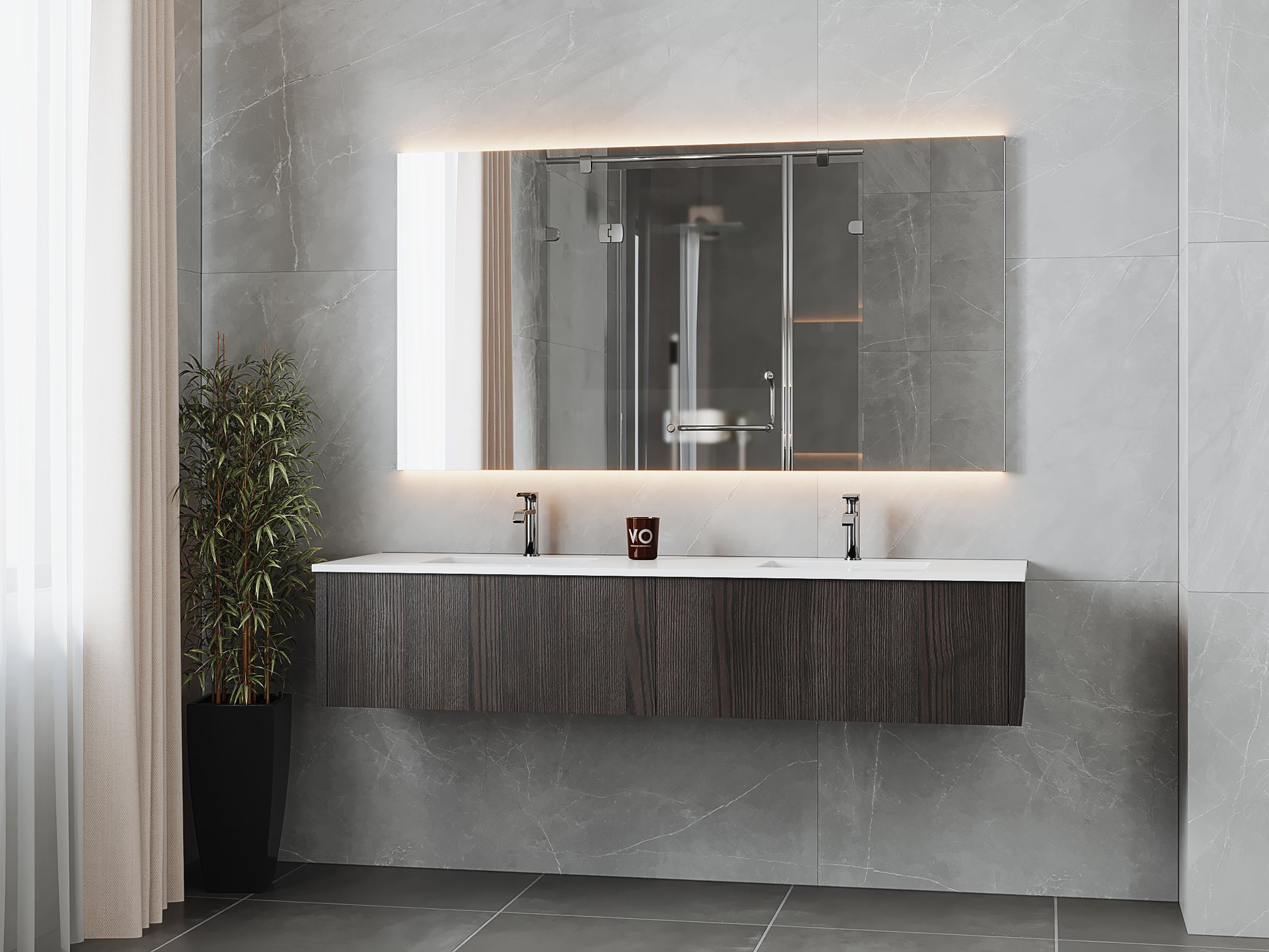 72" Laviva Legno vanity cabinet in Carbon Oak Double Sink — shown with a Matte White VIVA Stone countertop, which is sold separately and not included (cabinet only).