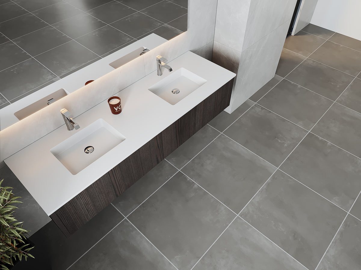 72" Laviva Legno vanity cabinet in Carbon Oak Double Sink — shown with a Matte White VIVA Stone countertop, which is sold separately and not included (cabinet only).