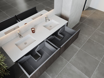 72" Laviva Legno vanity cabinet in Carbon Oak Double Sink — shown with a Matte White VIVA Stone countertop, which is sold separately and not included (cabinet only).