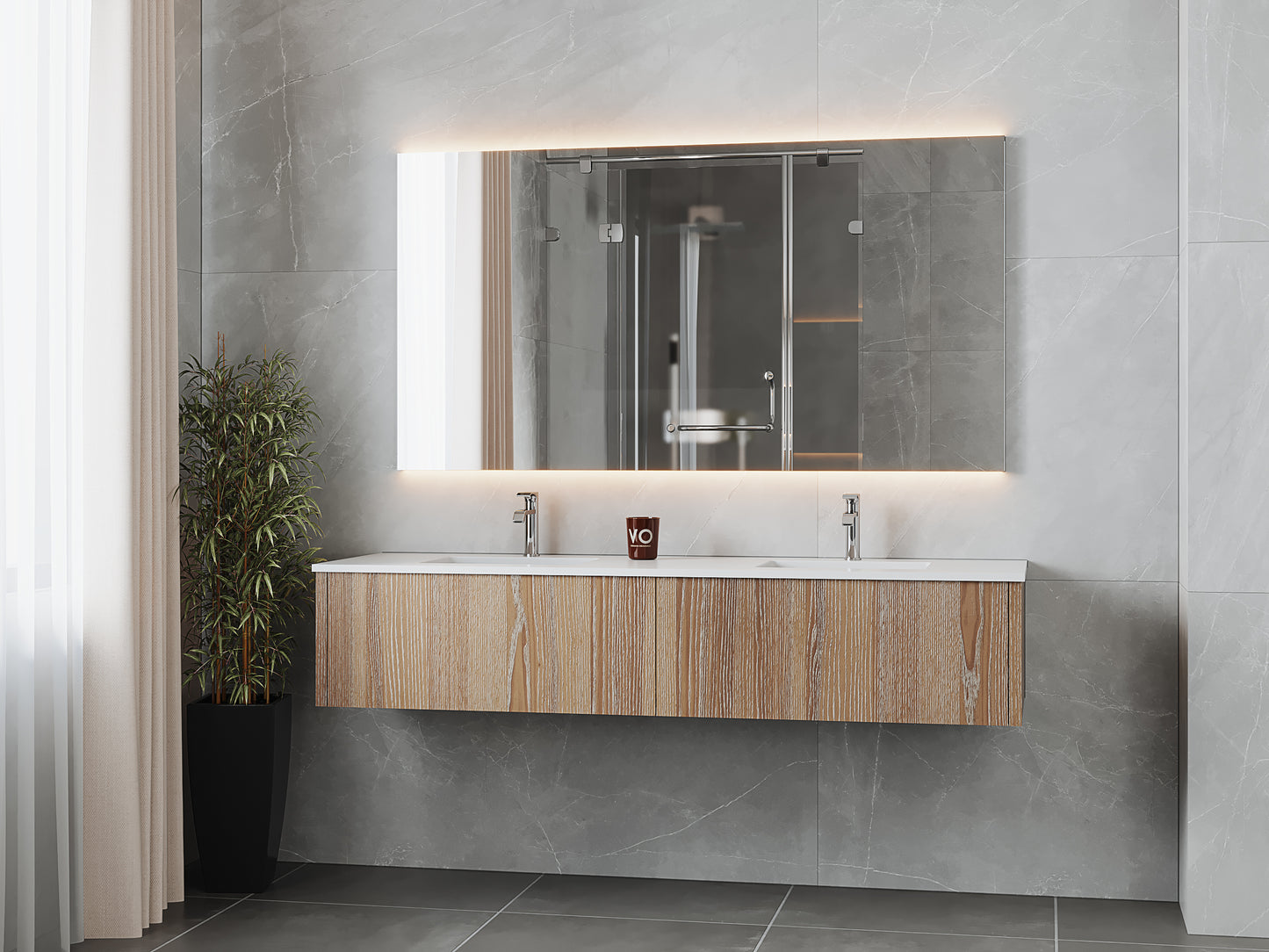 72" Laviva Legno vanity cabinet in Weathered Grey Double Sink — shown with a Matte White VIVA Stone countertop, which is sold separately and not included (cabinet only).