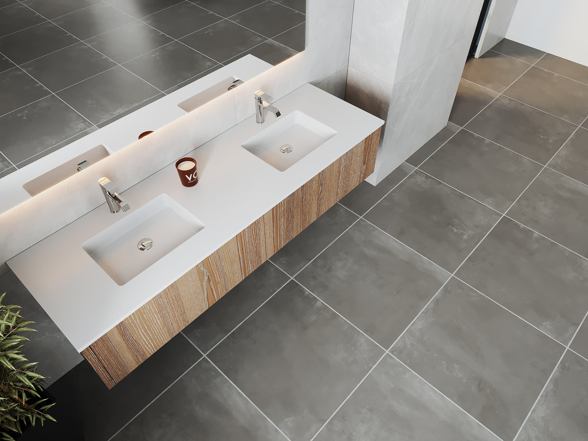 72" Laviva Legno vanity cabinet in Weathered Grey Double Sink — shown with a Matte White VIVA Stone countertop, which is sold separately and not included (cabinet only).