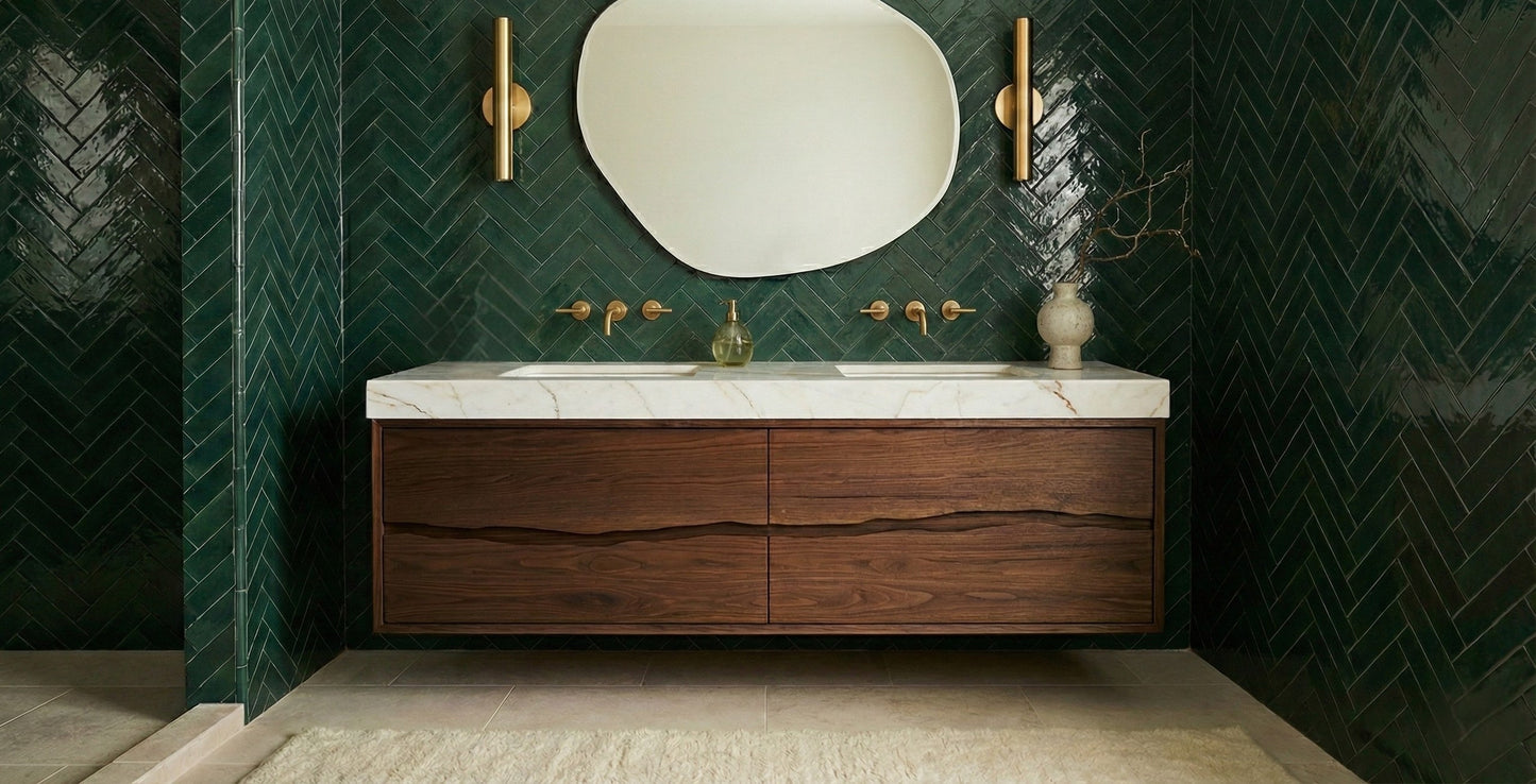 Ventura floating bath vanity in Estate Emulsion, styled bathroom